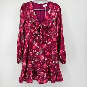 Melloday Womens Magenta Floral Tie Front Ruffle Hem Long Sleeve Mini Dress S